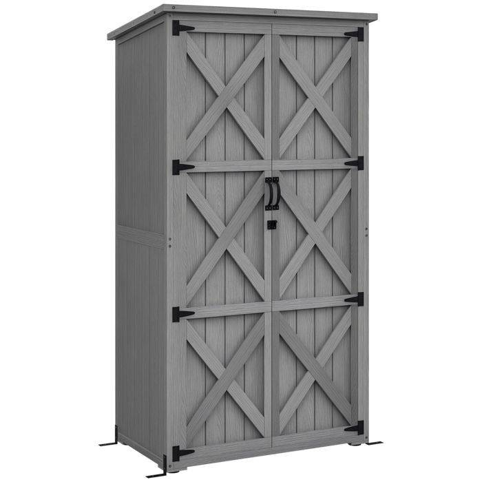 Armoire de jardin - Outsunny - avec 2 étagères toit incliné et bitumé - en bois massif - 90 x 545 x 161/1685 cm - gris