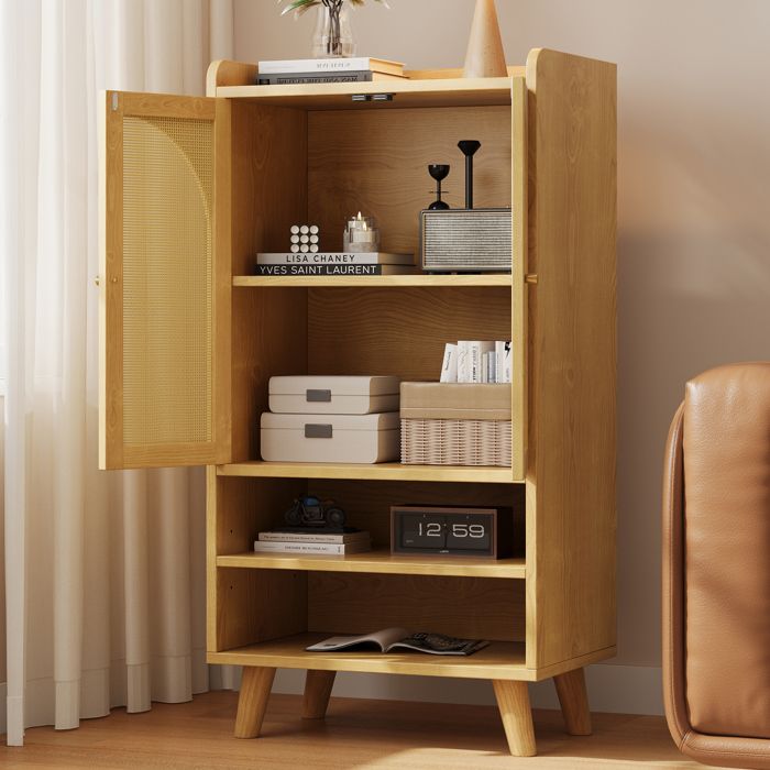 Buffet en rotin - 2 portes en rotin - 2 compartiments ouverts - 60x40x121 cm - Naturel - Panneau de particules