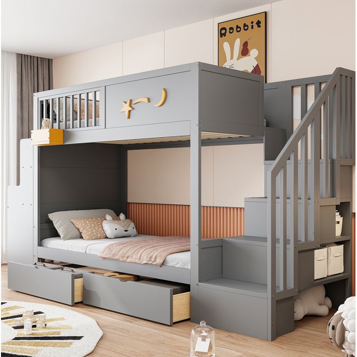 Lit superposé 90 x 200 cm enfant gris avec escalier sécurisé bureau et rangements