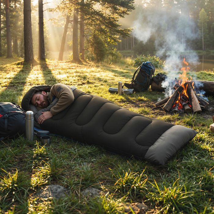 Sac de Couchage Adulte avec Section Tête Fermeture Éclair et Sac de Rangement 300 g/m² 215x75x10cm Noir