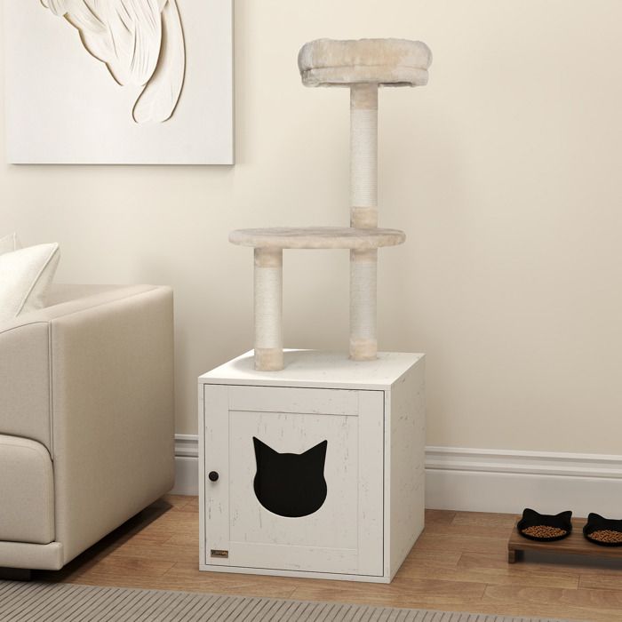 MOTHINESSTO4096-Arbre à chat avec maison de toilettes tour de jeu 2-en-1 de 129 cm avec cache-litière poteaux à griffer crème