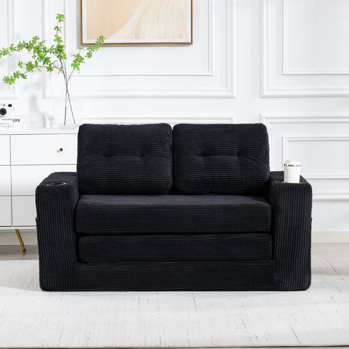 Canapé 2 places en velours côtelé pouf double convertible sans armature porte-gobelets poches latérales coussins matelassés XXL