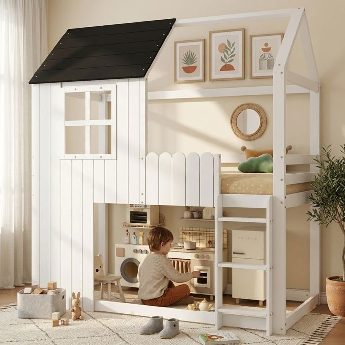 Lit mezzanine enfant 90x200 cm style cabane en pin et MDF avec escalier 3 marches fenêtres et barrières - sans matelas - Blanc/noir