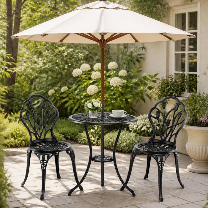 Ensemble bistro 3 pièces - PAGE LIVING - Motif Tulipe - Aluminium moulé - Trou parasol Ø4 5 cm - Anti-corrosion