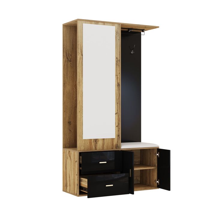 Vestiaire dentrée compact en noir et bois clair avec miroir banc à chaussures et étagère extensible