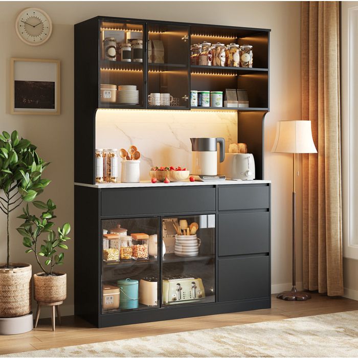 Buffet haut vitrine 120 x 40 x 180 cm noir et blanc avec LED portes vitrées tiroirs et surface aspect marbre