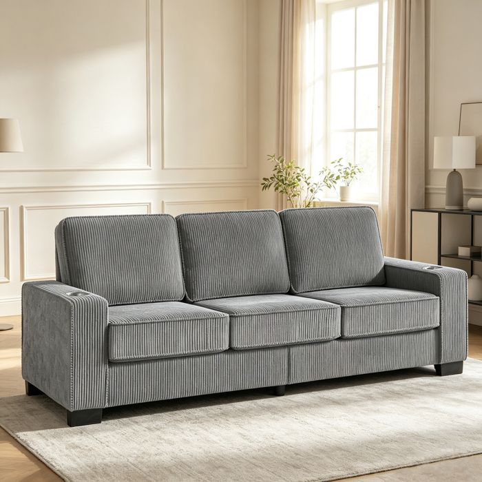 Canapé 3 places en velours cordé design moderne avec porte-gobelets Gris