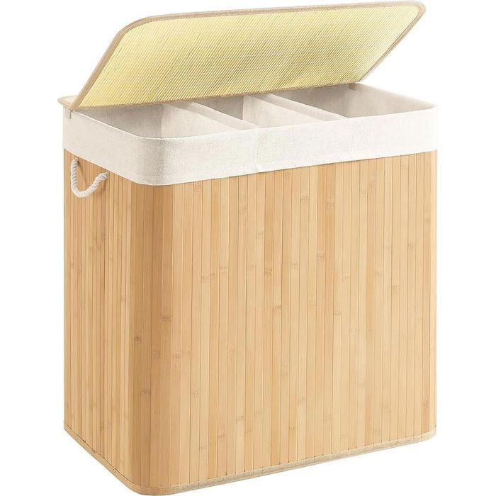 Panier à Linge 150L Corbeille Linge Sale 3 Compartiments de Tri Couvercle en Bambou Poignées Pliable Sac Amovible Lavable en
