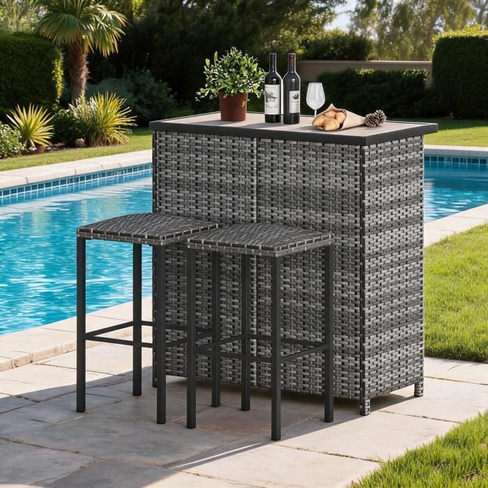 Ensemble bar de jardin 3 pièces compact – Table bistro extérieur avec plateau DPC – 2 tabourets résistants – Gris moderne