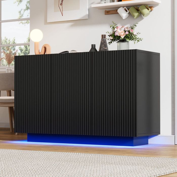 Buffet avec Lumières LED armoire de rangement 3 Portes Finition Marbre Buffet Salle à Manger pour Entrée Salon Noir 120x40x75cm