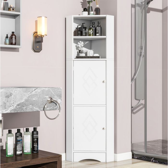 Colonne de salle de bain d’angle – Blanc – Panneau de particules – 36 5 x 36 5 x 155 cm