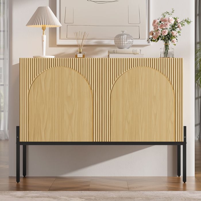 Buffet Effet Bois 2 Portes à Motif Arche Cannelé Pieds en Métal Meuble de Rangement Moderne 100 × 40 × 75 cm Buffet Effet Bois 2 Portes à Motif Arche Cannelé Pieds en Métal Meuble de Rangement Moderne 100 × 40 × 75 cm