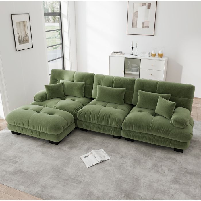 Canapé d’angle modulable 3 places en chenille vert avec ottoman mobile grand format confortable JOINERY