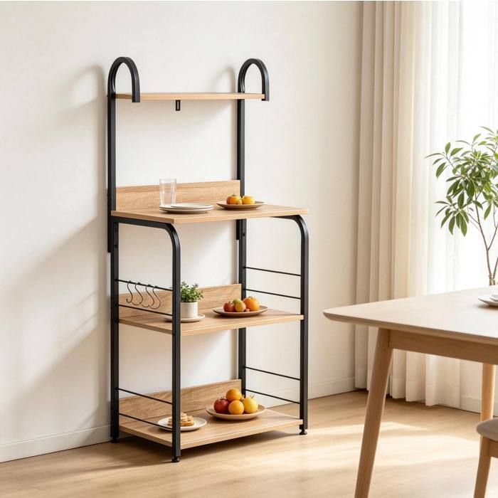 Maisentiel Étagère de cuisine sur pied 4 niveaux en acier et panneaux de particules noir et bois naturel 60 x 40 x 125 cm