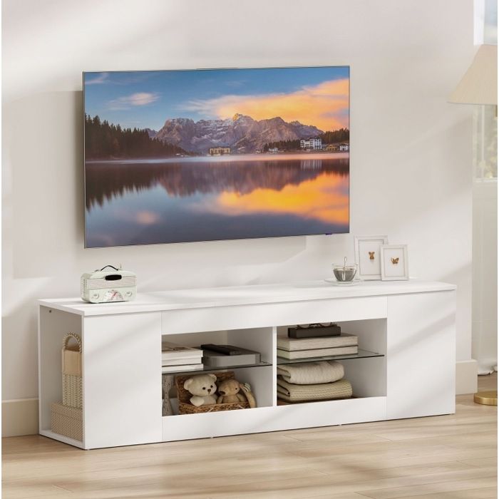 Meuble TV 140 cm 6 Compartiments et 2 Étagères en Verre - HAVRYA - Blanc Laqué pour Salon 140×35×42 5 cm