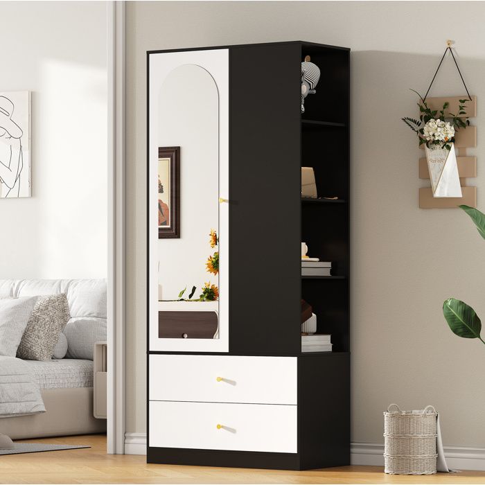 Armoire de chambre avec porte miroir penderie 2 tiroirs et 4 compartiments 80x40x180 cm blanc et noir - LIMDUR