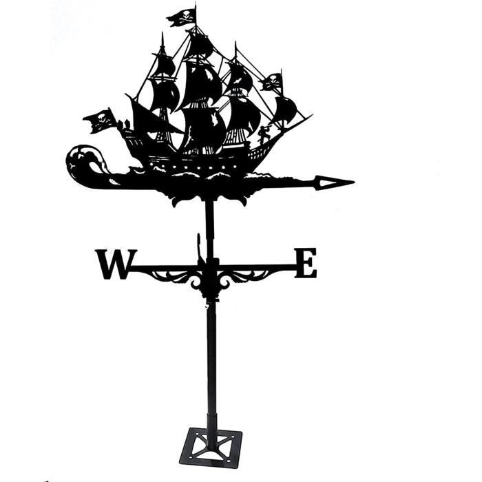 Girouette Bateau Voilier En Aluminium Noir - Décoration De Jardin, 62 Cm De Haut, Indicateur De Direction Du Vent