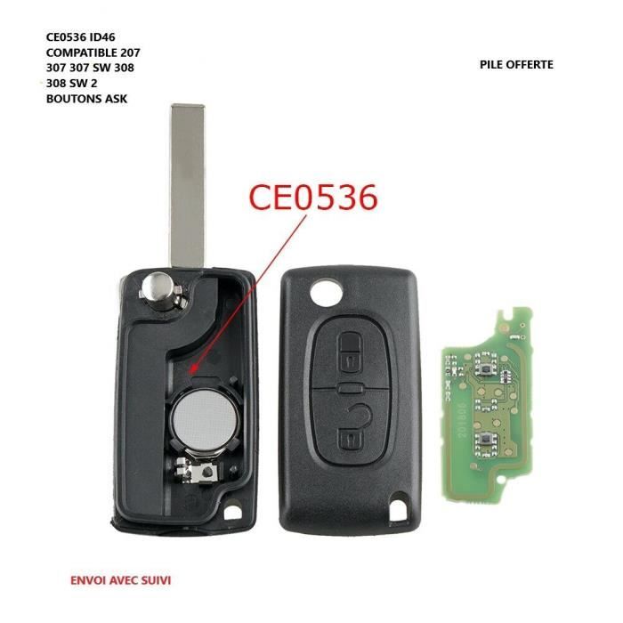CLE VIERGE CE0536 CIRCUIT ID46 POUR PEUGEOT 207 307 308 SW C4 PICASSO2 BOUTONS ASK 433MHZ