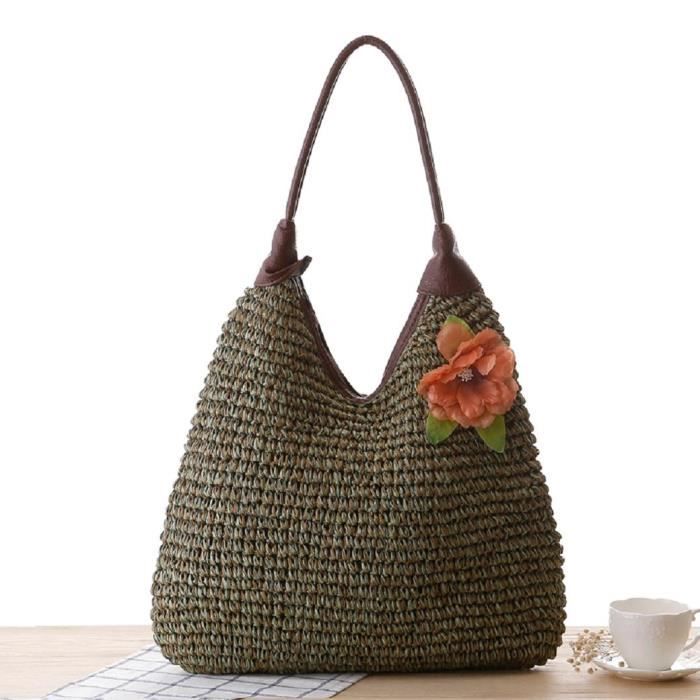 Sac Fourre-tout Paille Beige Avec Fermeture Magnétique - Bandoulière, Fleurs, Poignée Cuir, Neuf