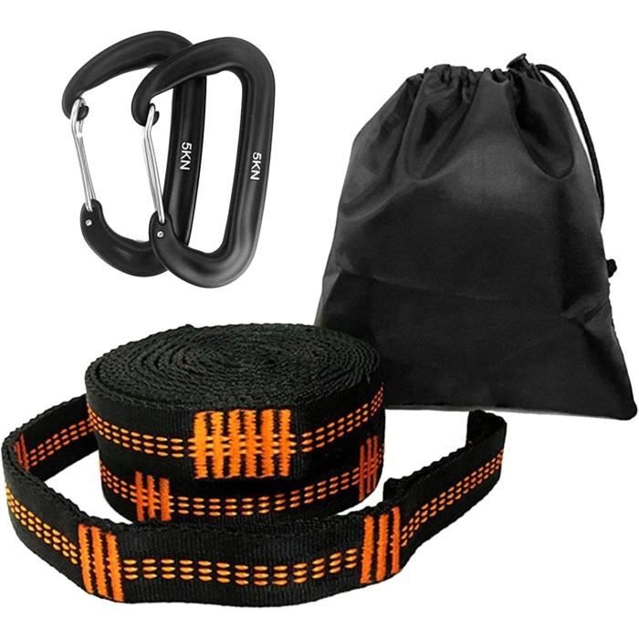 Kit Balançoire 4 Sangles Noires + 4 Mousquetons - Nylon Robuste Pour Jardin, Hamac, Siège Suspendu