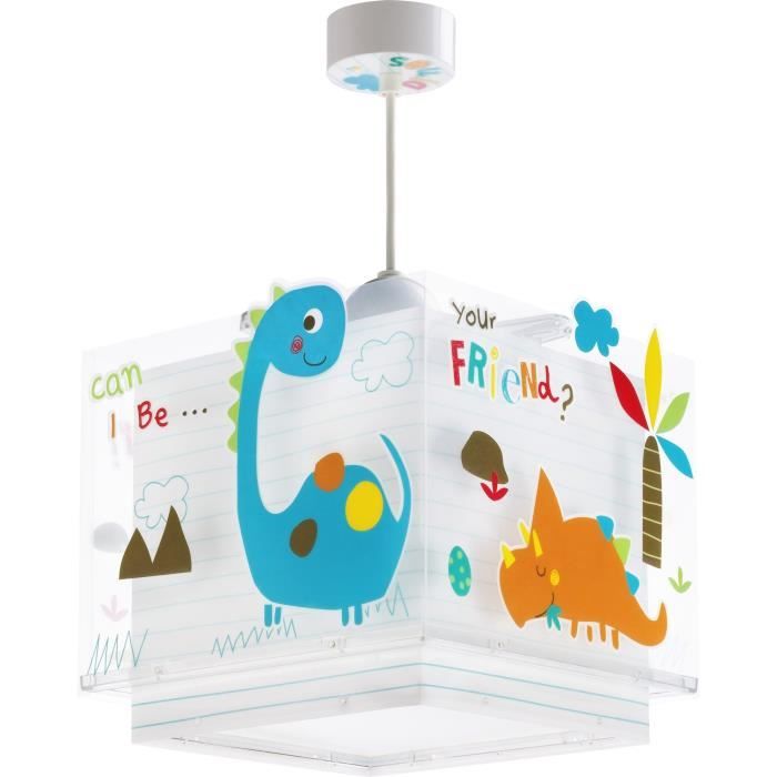 Dalber - Lampe à suspension enfant - Dinos - Motif dinosaures L 24 cm H 215 cm Blanc vert jaune orange