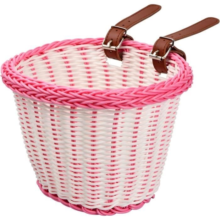 Panier Velo Enfant Tricotage a la Main Effet Rotin Rose Pour Velo Enfant Sangles Reglables