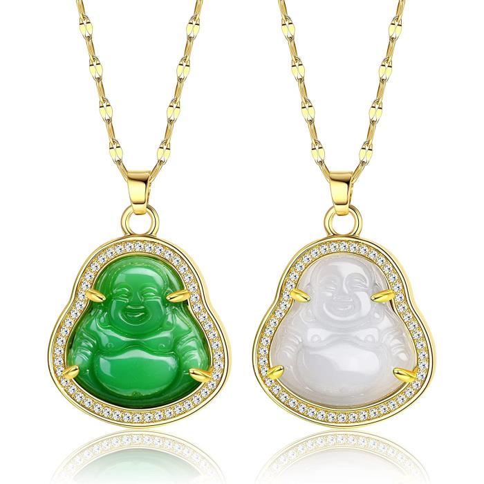 2 pièces collier en or 14 carats bouddha pendentif vert jade bouddha collier glacé jade cubic zirconia rire bouddha