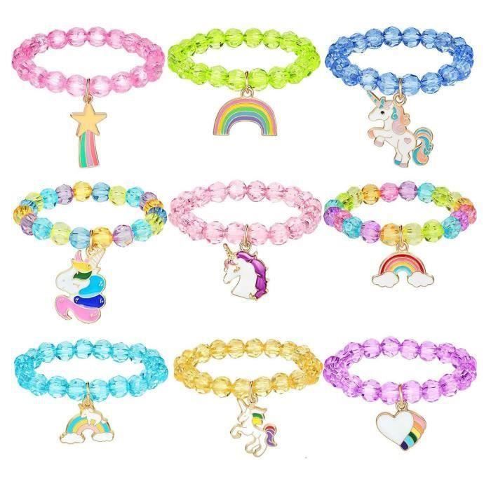 Bracelets Licorne Arc-en-Ciel (6 Pièces) - Perles Pierre Et Métal, Circonférence 16 Cm - Cadeau Fille, Jeu D'imitation