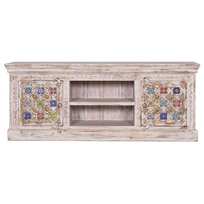 Meuble TV - Giner y Colomer - Bois de manguier - Incrustations céramique et bronze - 2 portes 4 tiroirs Meuble TV - Giner y Colomer - Bois de manguier - Incrustations céramique et bronze - 2 portes 4 tiroirs