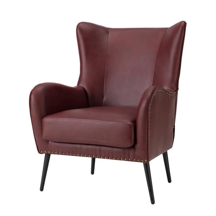 fauteuil lounge en simili-cuir avec coussin amovible pieds en métal noir et garniture en tête de clou, rouge