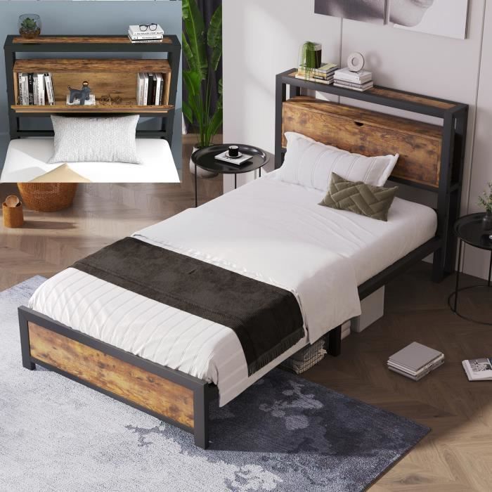 lit simple 90 x 200 cm avec tête de lit rangement et sommier à lattes en métal,lit en métal pour jeunes,noir style industriel