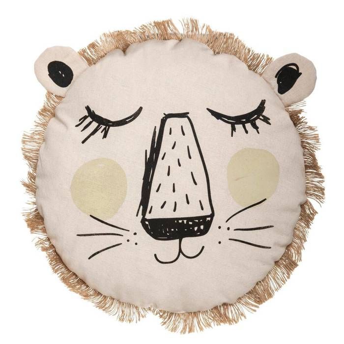 Coussin Lion Franges - Ø44 x 13 cm- Beige