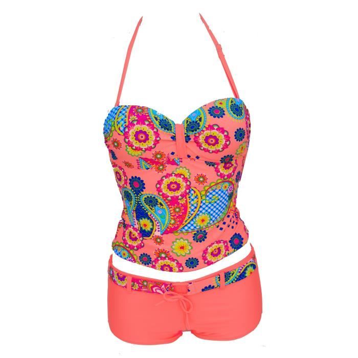 Maillot De Bain Femme 2 Pieces Fluo Maillot De Bain Femme 2 Pieces, Maillots Deux Pièces Femme Taille Haute Sexy Col V Push Up Imprimée Plage Swimsuit Casual Outdoor Natation, Ensemble Tankini