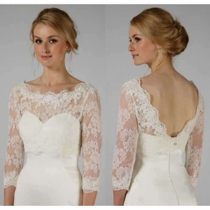 Bolero De Mariage Femmes 3 4 Manches Soiree Dentelle Dos En V