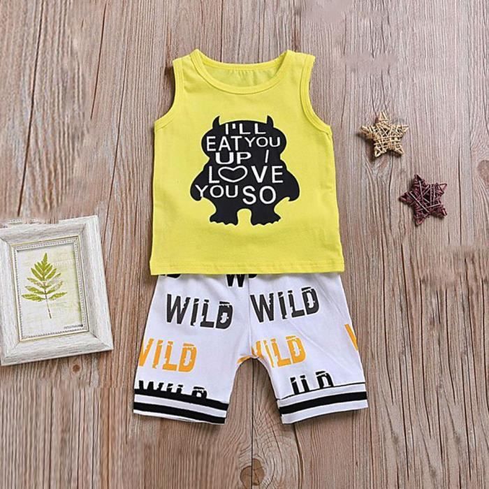 Exquisgift Nouveau Ne Bebe Fille T Shirt Gilet Lettre Cartoon Imprimer Vetements De Manches Ensembles Jaune Jaune Cdiscount Pret A Porter