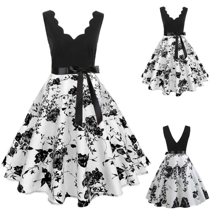Robe Mi Longue Femmes Mode Manches Imprimer Vintage Robe Evasee Noir Noir Cdiscount Pret A Porter