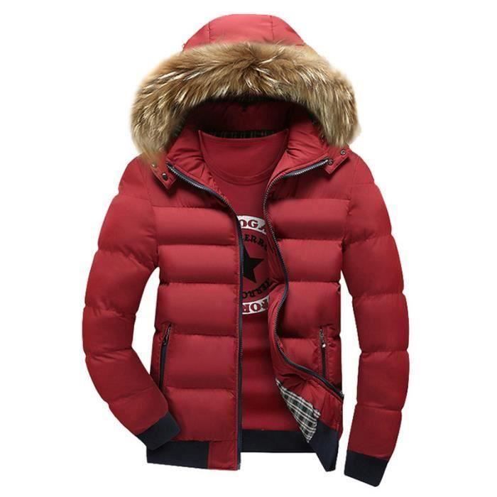 Doudoune Homme Rouge FUNMOON Capuche Fourrure Fermeture a Glissiere Rouge Cdiscount Pret a Porter
