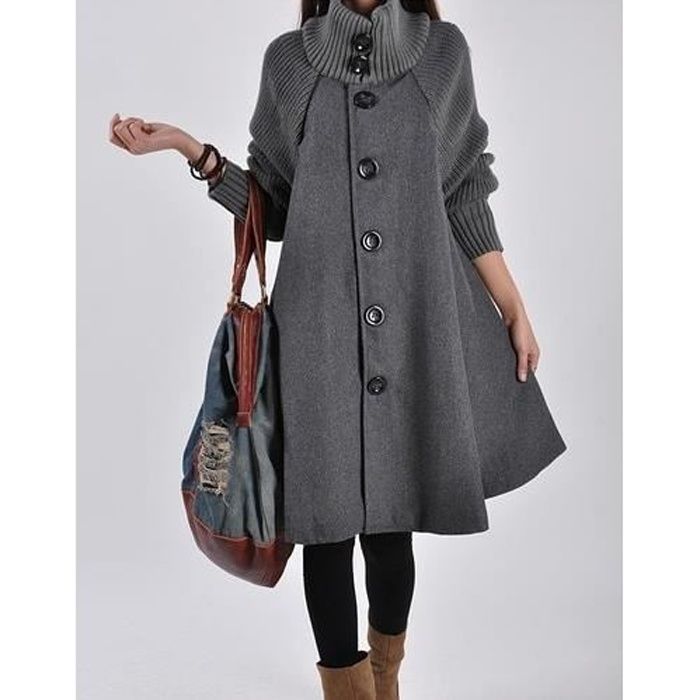 Manteau ample grande taille femme JFUNCY col haut manches tricotees Type GRIS Blanc Cdiscount Pret a Porter