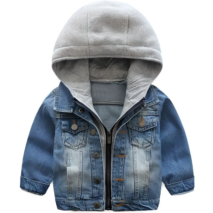 Garcons Capuche Veste en Jean Blouson Enfant Manteau Casual Manches Longues eclair Denim Haut Vetements Printemps Automne Outwear