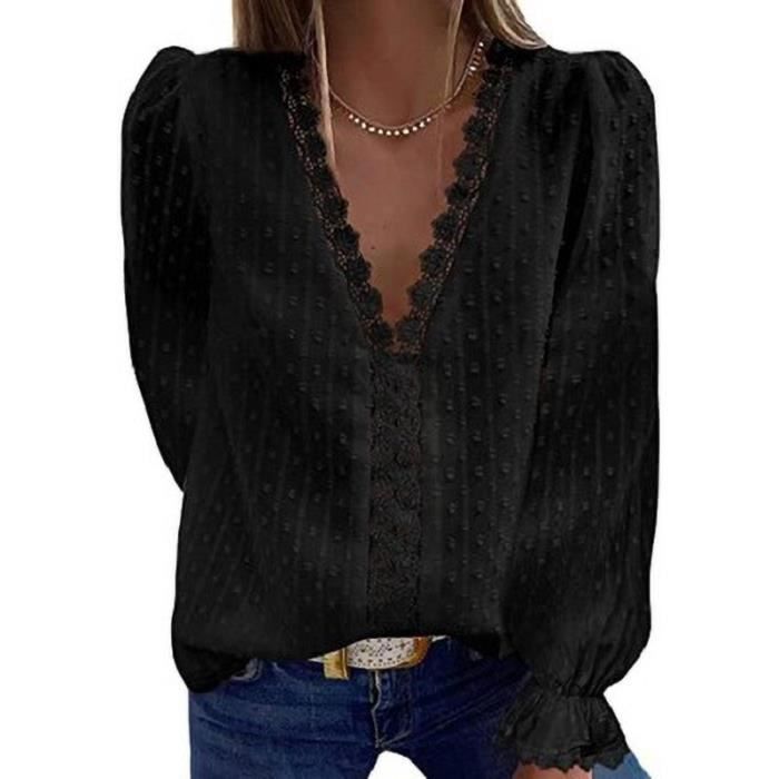 Chemisier Blouse Femme Col en V uni mousseline de soie brodee de dentelle manches longues yf011074 Noir Blanc Cdiscount Pret a Porter