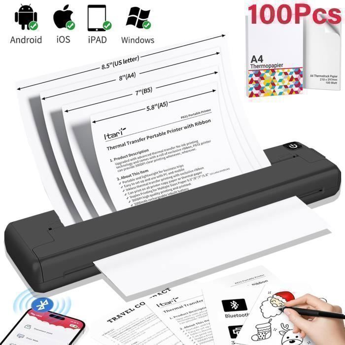 Imprimante Bluetooth avec Papier 100Pcs A4 210 x 297 mm Imprimante Thermique Compatible avec Android et IOS et Windows