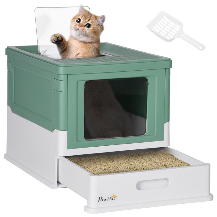 Bac à litière fermé pour chat - PawHut - pliable double porte battante tiroir amovible pelle - plastique - vert blanc Bac à litière fermé pour chat - PawHut - pliable double porte battante tiroir amovible pelle - plastique - vert blanc