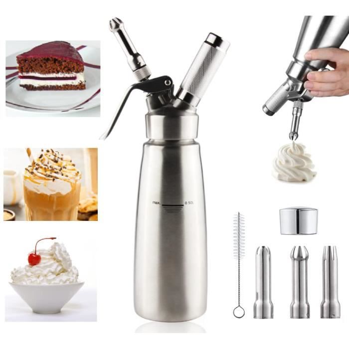 Siphon à Chantilly Professionnel 500ml - 3 Buses Inox - Pour Mousses, Crèmes Et Cocktails - Facile à Nettoyer