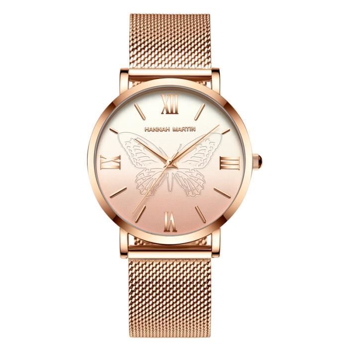 Montre Femme Bijouterie Papillon Bleu - Cadran Papillon, Boîtier Acier Doré Rose, Bracelet Cuir Rose
