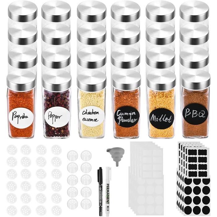 JOTOL 24 Pots à Épices En Verre Carrés Avec Couvercles Et Étiquettes - Set Complet Organisation Cuisine