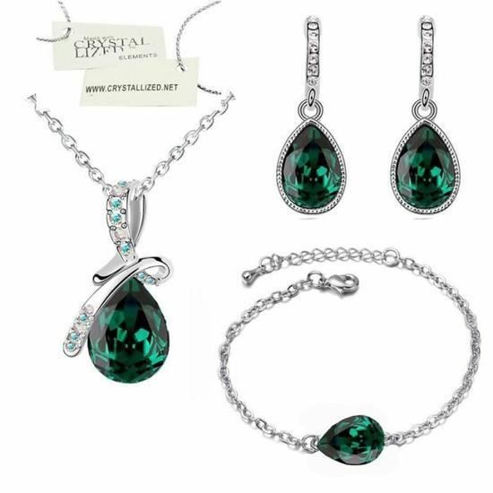 Parure Dolly-Bijoux En Argent Massif 925 Rhodié - Émeraude Et Cz, Collier Et Boucles D'oreilles