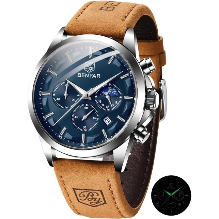 Montre BENYAR Homme - Quartz, Cadran Argenté, Bracelet Cuir Brun - Neuf Avec étiquette