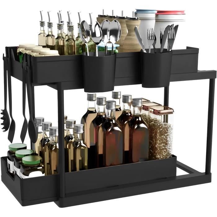 Étagère Coulissante Sous évier 2 Niveaux - En Métal Noir, Dimensions 37,5x26,5 Cm, Hauteur Réglable 41-49 Cm, Rangement Cuisine, Salle De Bain