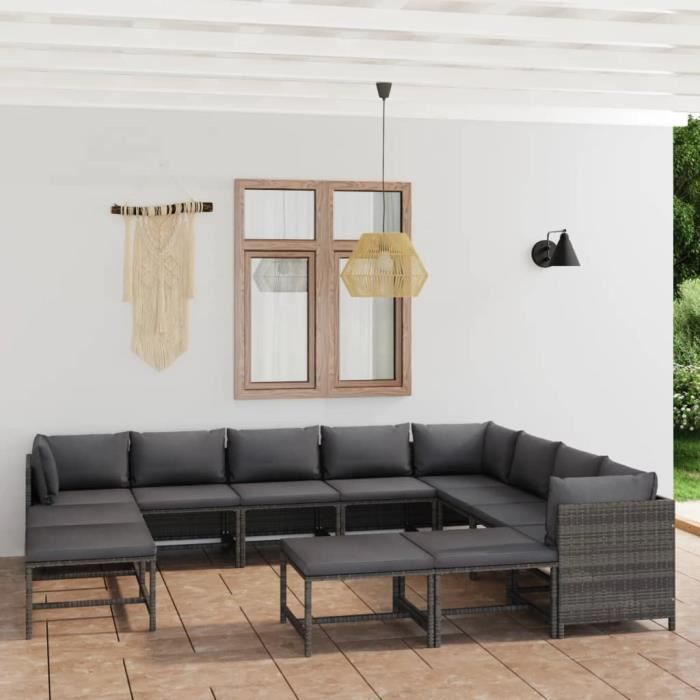 vidaXL Salon de jardin 12 pcs avec coussins Résine tressée Gris