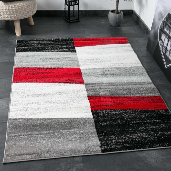 Tapis De Salon Géométriques Rouge Gris Blanc Et Noir 160x220 Cm
